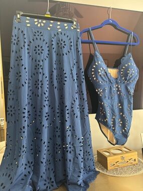 Blue Laser-Cut Women’s Swim Maxi Set — Coordinated Skirt & One-Piece